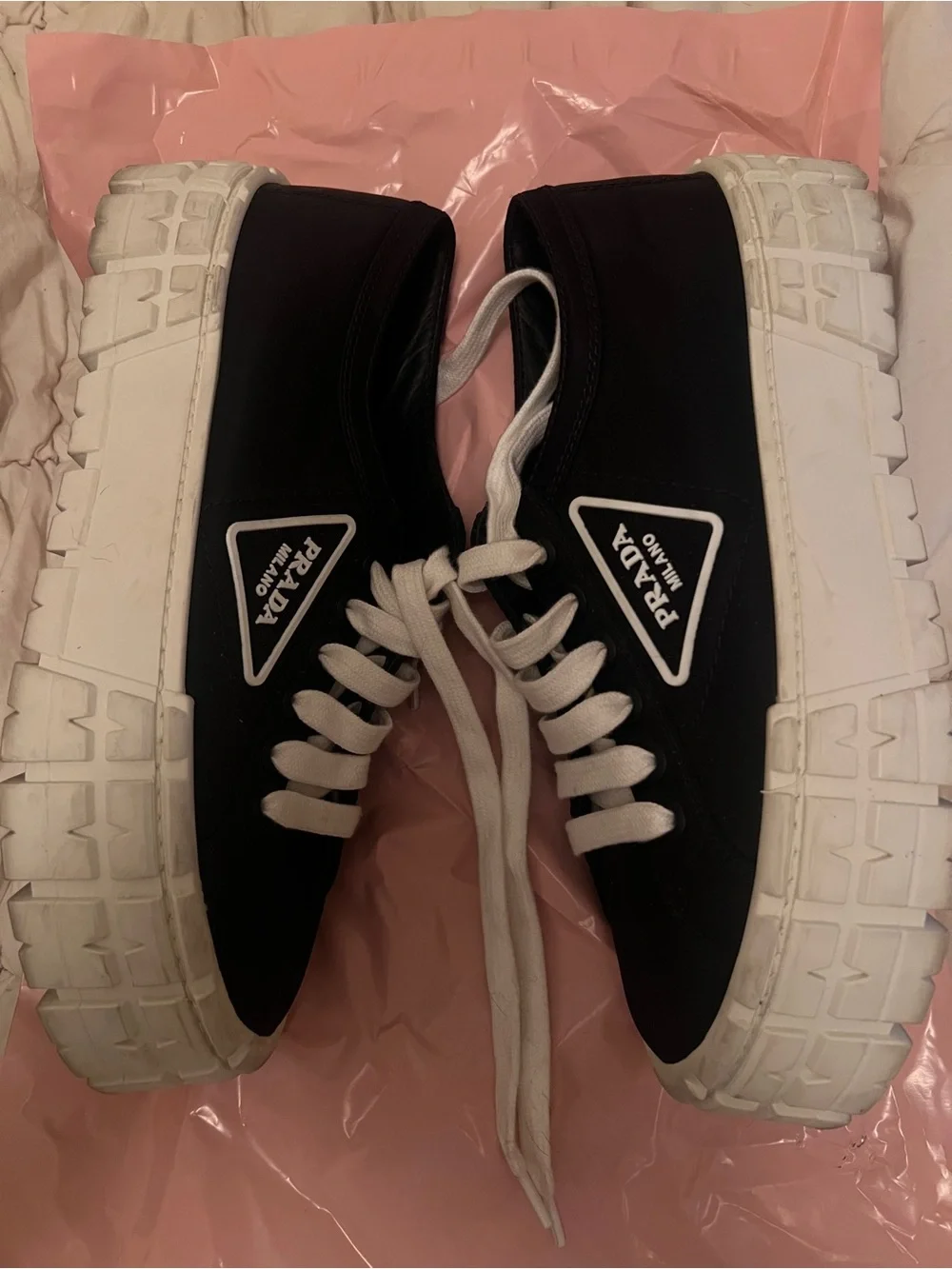 PRADA Double Wheel Re-Nylon Gabardine Sneakers -Black/White